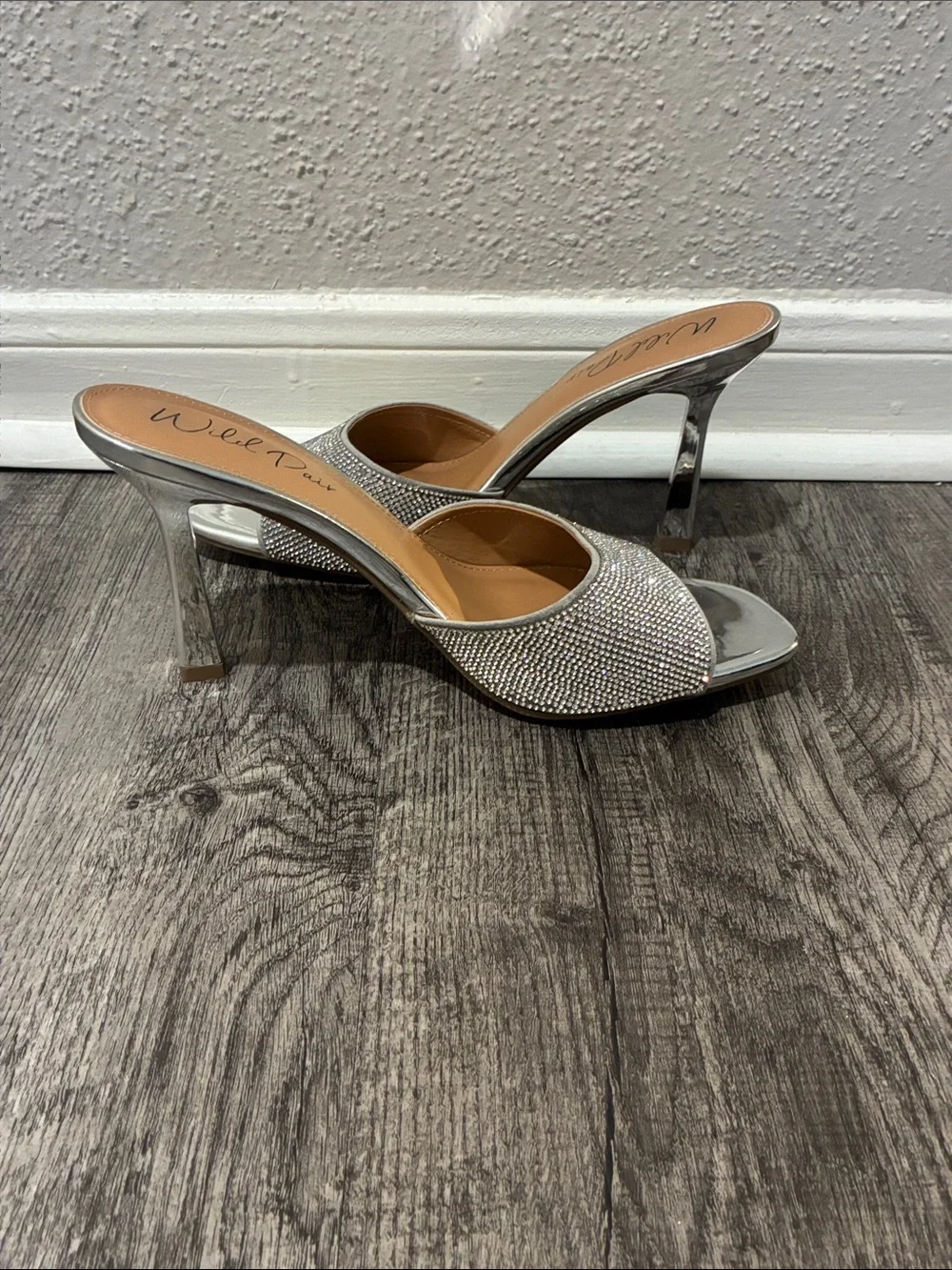 Wild Pair Silver Rhinestone Slide Mules - Picture 6 of 11